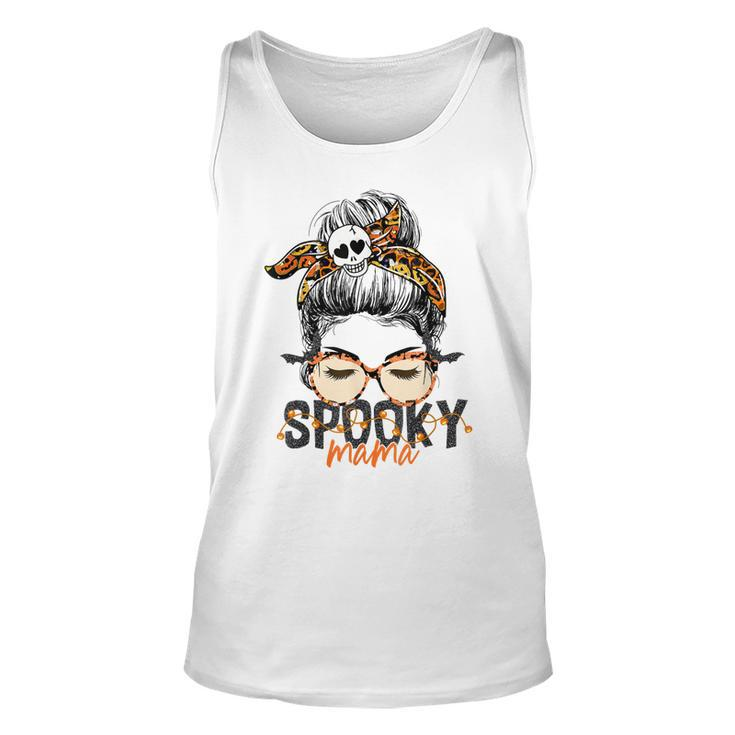 Spooky Mama Halloween Costume Skull Mom Leopard Messy Bun  Unisex Tank Top