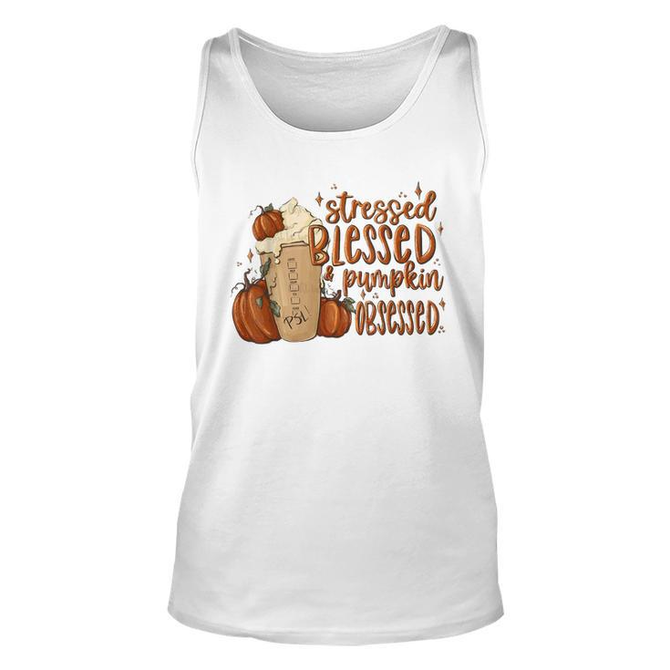 Stressed Blessed Pumpkin Spice Obsessed Coffee Thanksgiving  Unisex Tank Top