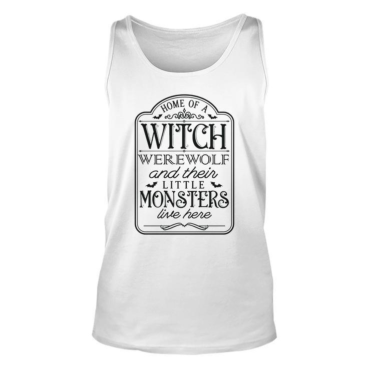 Vintage Halloween Sign Home Of A Witch Werewolf And Their Little Monster Men Women Tank Top Graphic Print Unisex