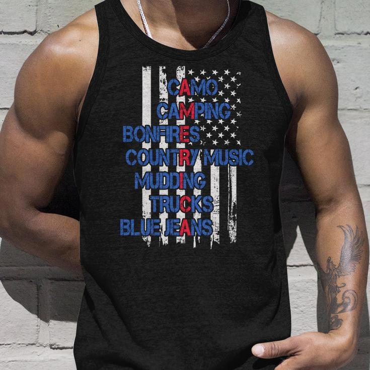 Camo Camping Bonfires Country Music Mudding Trucks Blue Jeans Tshirt Unisex Tank Top Gifts for Him