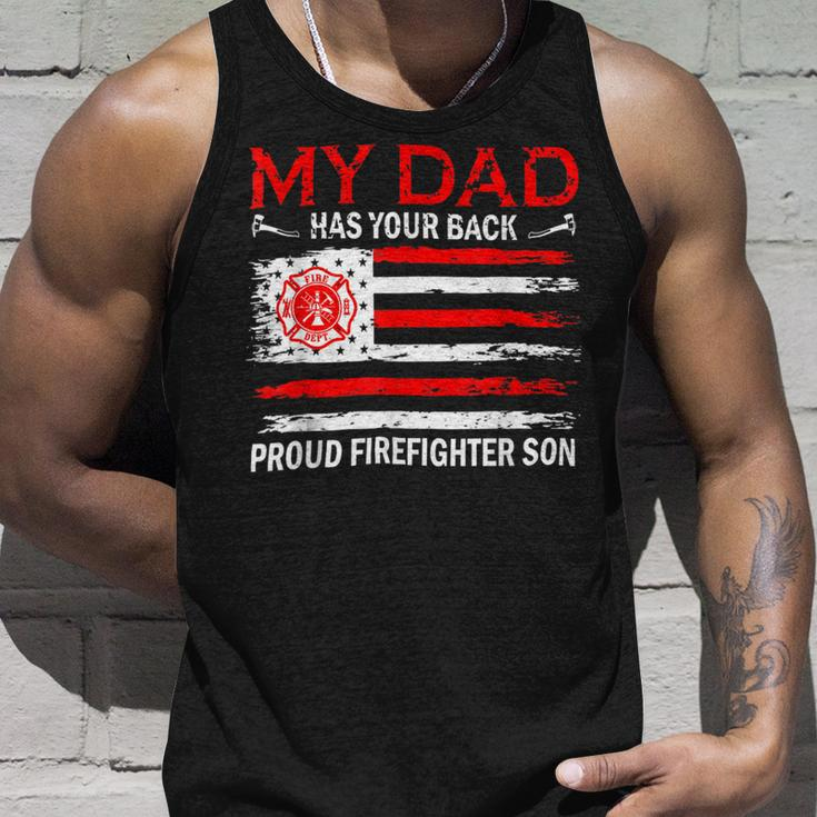 Firefighter Retro My Dad Has Your Back Proud Firefighter Son Us Flag V2 Unisex Tank Top Gifts for Him