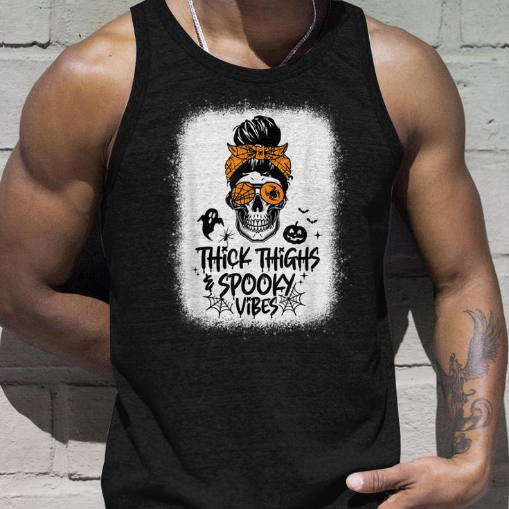 Funny Thick Thighs & Spooky Vibes Skull Messy Bun Halloween Unisex Tank Top Gifts for Him
