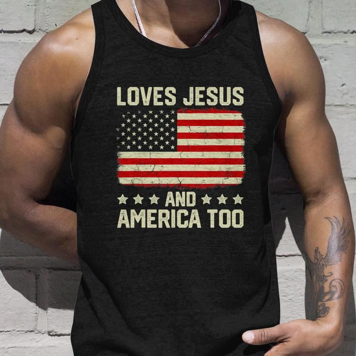 Loves Jesus And America Too Usa Patriotic Funny Christian Unisex Tank Top Gifts for Him