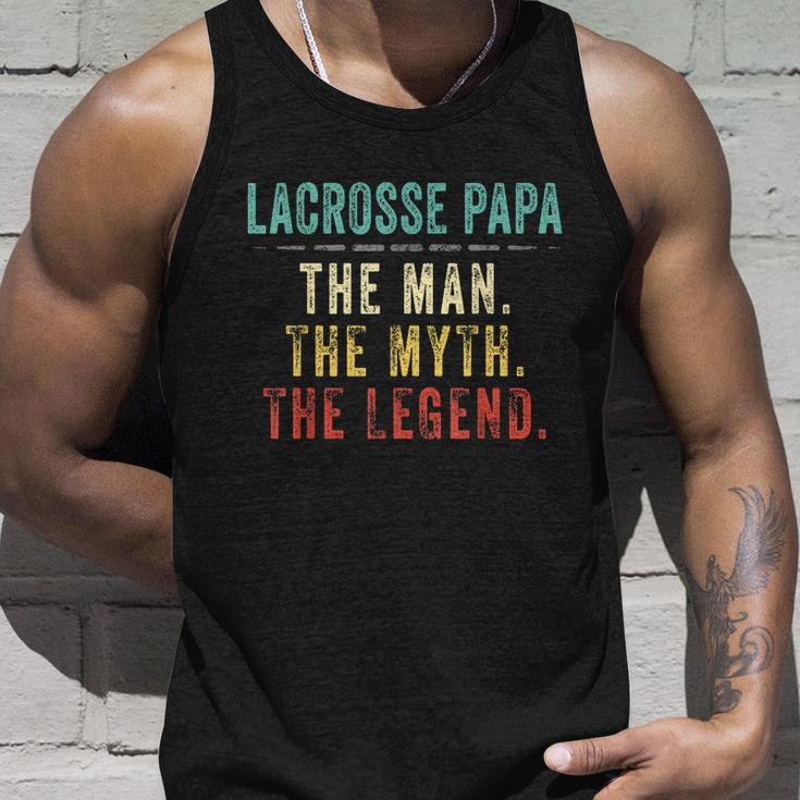 Mens Lacrosse Papa Fathers Day Gift Lacrosse Man Myth Legend Unisex Tank Top Gifts for Him