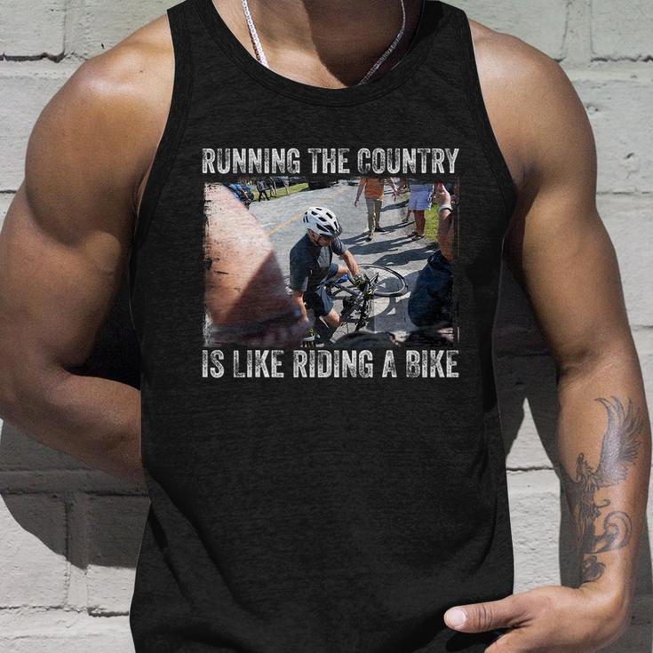 Running The Country Is Like Riding A Bike Joe Biden Funny Design Anti Biden Unisex Tank Top Gifts for Him