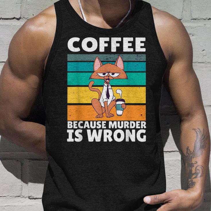 Vintage Coffee Because Murder Is Wrong Black Comedy Cat Unisex Tank Top Gifts for Him