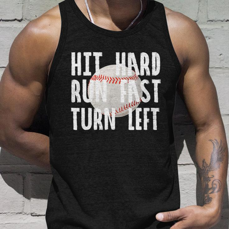 Vintage Hit Hard Run Fast Turn Left Baseball Funny Sport Gift Unisex Tank Top Gifts for Him