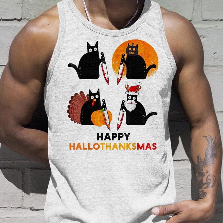 Happy Hallothanksmas Black Cat Halloween Thanksgiving Unisex Tank Top Gifts for Him