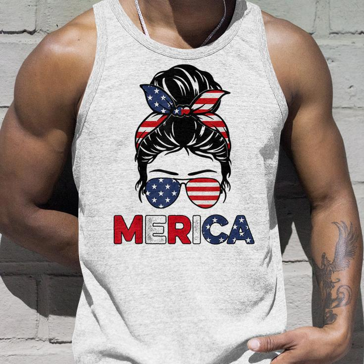 Merica Mom Girl American Flag Messy Bun Hair 4Th Of July Usa V2 Unisex Tank Top Gifts for Him