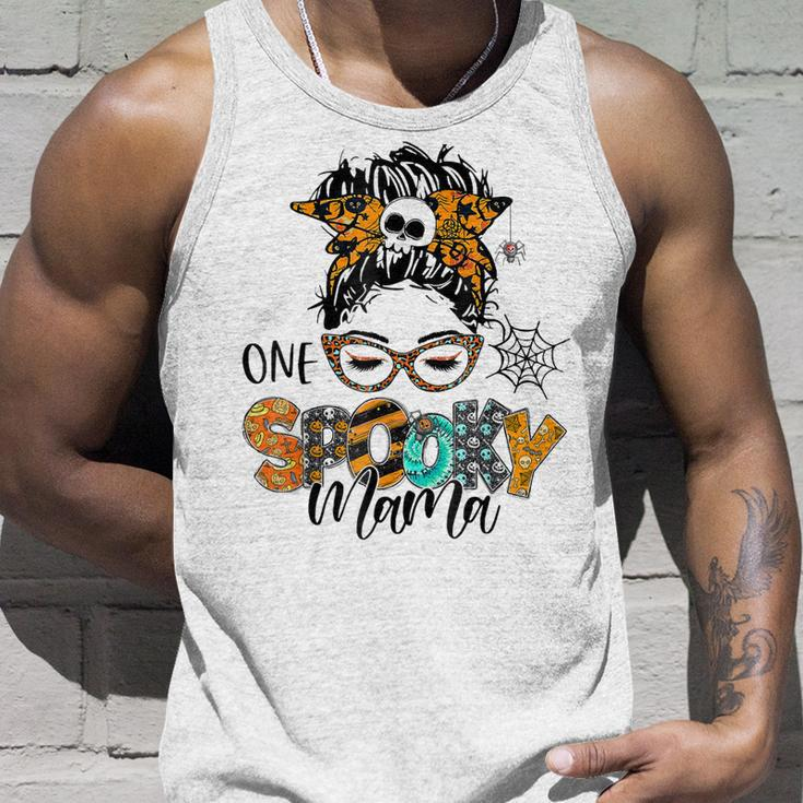 One Spooky Mama For Halloween Messy Bun Mom Monster Bleached V4 Unisex Tank Top Gifts for Him