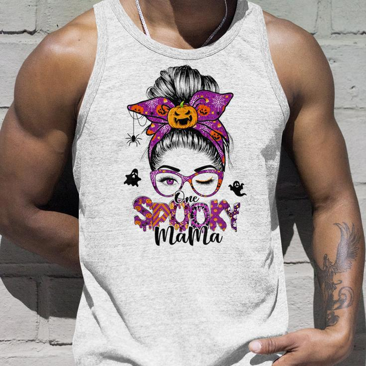 One Spooky Mama For Halloween Messy Bun Mom Monster Bleached V6 Unisex Tank Top Gifts for Him