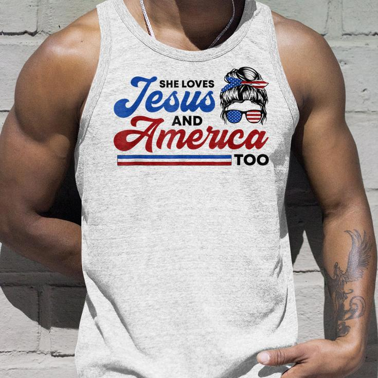 She Loves Jesus And America Too 4Th Of July Proud Christians Unisex Tank Top Gifts for Him
