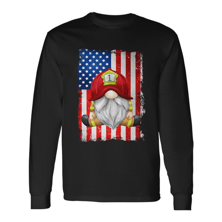 4Th Of July Gnome Patriotic American Flag Firefighter Long Sleeve T-Shirt