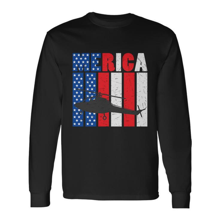 4Th Of July Helicopter American Flag Proud American Long Sleeve T-Shirt