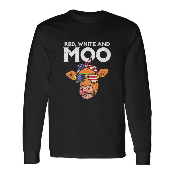 4Th Of July Red White And Moo Patriotic Cow Usa Flag Long Sleeve T-Shirt