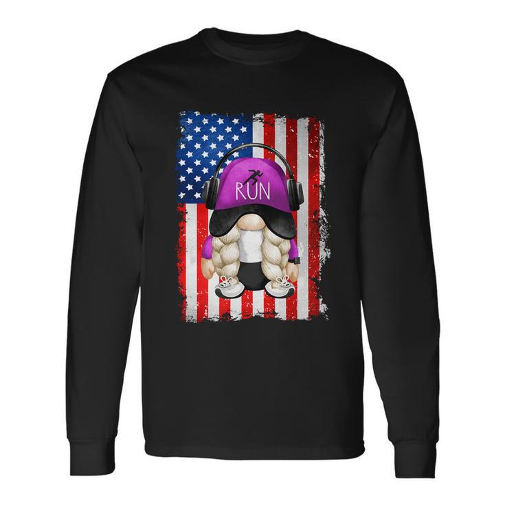 4Th Of July Running Gnome For Women Patriotic American Flag Long Sleeve T-Shirt Gifts ideas