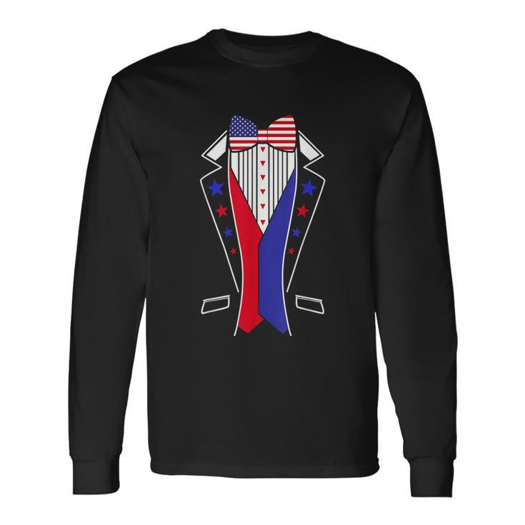 4Th Of July Tuxedo Costume Bow Tie American Flag Usa Long Sleeve T-Shirt