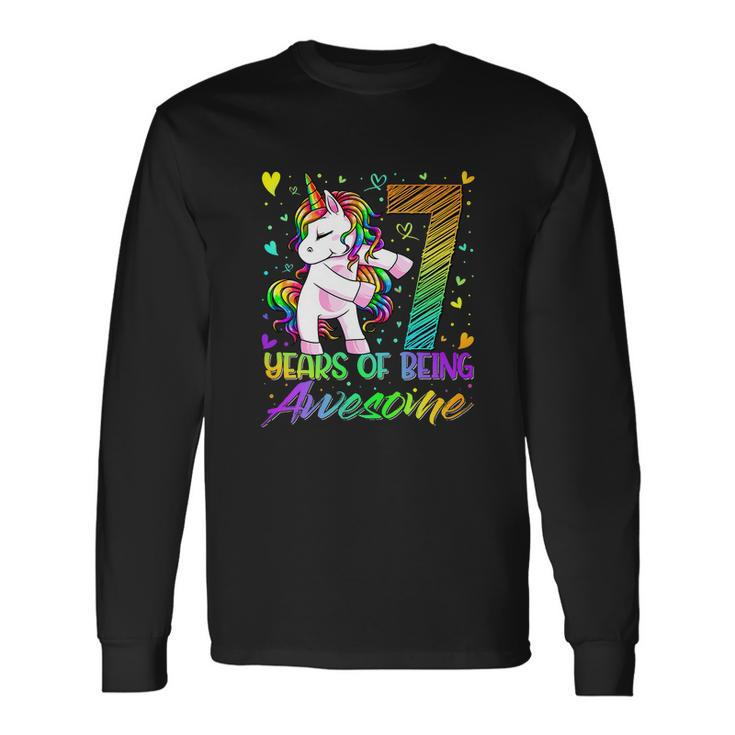 7Th Birthday 7 Year Old Girl Flossing Unicorn Party Long Sleeve T-Shirt