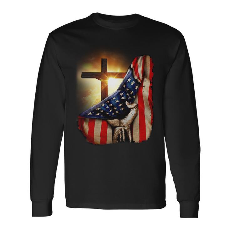 American Christian Cross Patriotic Flag Long Sleeve T-Shirt