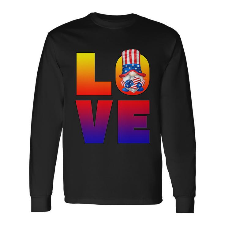 American Flag Gnome Shows Love Patriotic Heart 4Th Of July Long Sleeve T-Shirt Gifts ideas