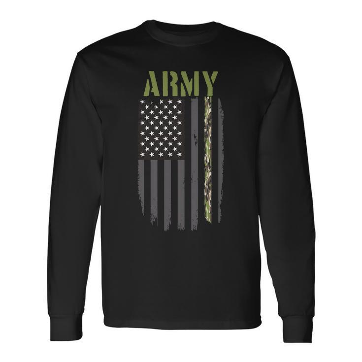 Army Veteran Thin Camo Line Flag Tshirt Long Sleeve T-Shirt