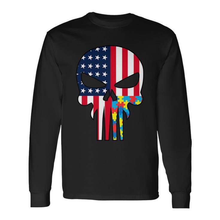 Autism Awareness American Skull Tshirt Long Sleeve T-Shirt