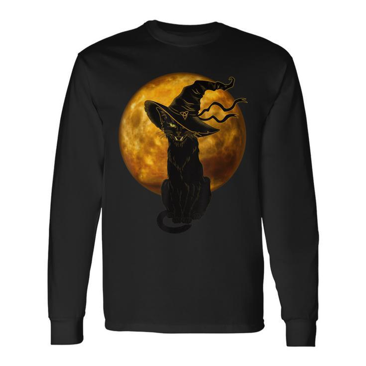 Beautiful Halloween Black Cat With Witch Hat Full Moon Cat Long Sleeve T-Shirt