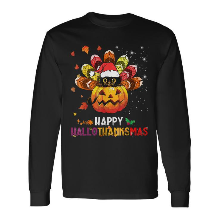 Black Cat Halloween And Merry Christmas Happy Hallothanksmas Long Sleeve T-Shirt