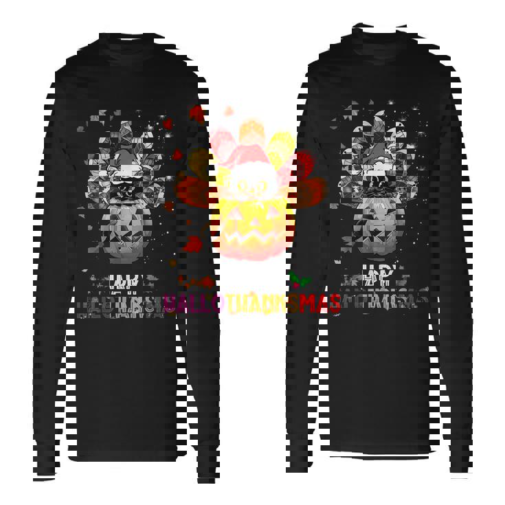 Black Cat Halloween And Merry Christmas Happy Hallothanksmas Long Sleeve T-Shirt Gifts ideas