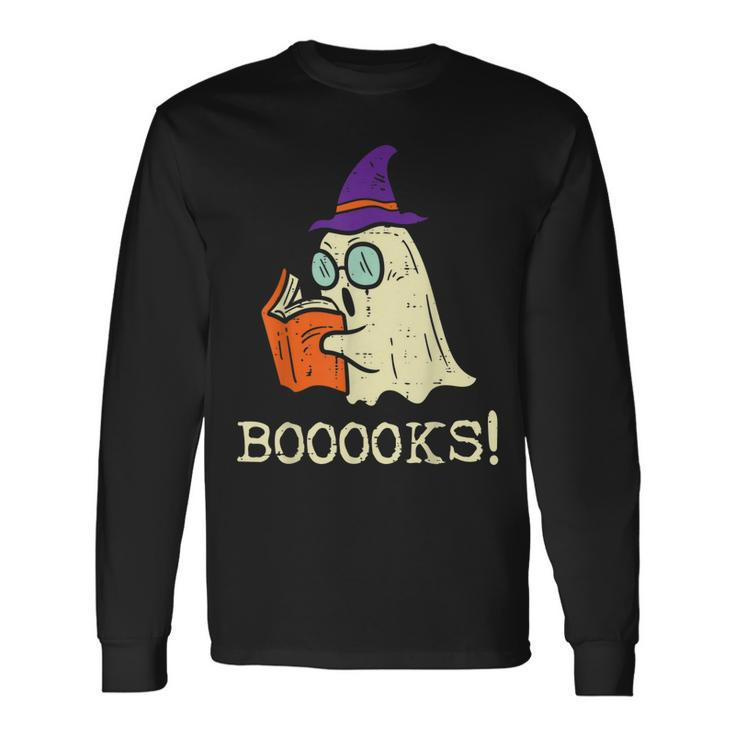 Books Ghost Boo Reading Halloween Teacher Librarian Long Sleeve T-Shirt