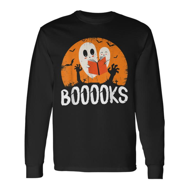 Boooks Halloween Ghost Bookworm Spooky Season Reading Long Sleeve T-Shirt