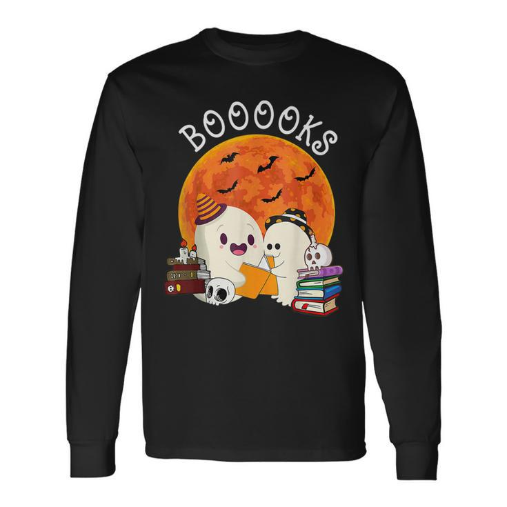 Booooks Ghost Boo Read Book Library Moon Halloween Boy Girl Long Sleeve T-Shirt