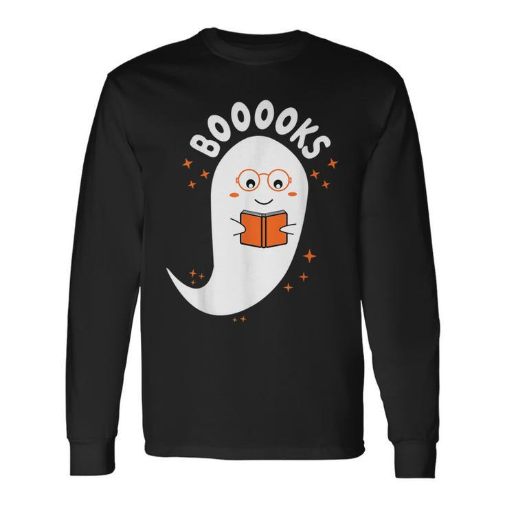 Booooks Ghost Boo Read Books Library Teacher Halloween Cute Long Sleeve T-Shirt