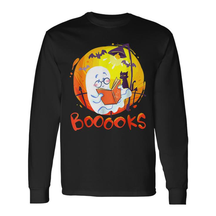 Booooks Ghost Halloween Teacher Book Library Reading Long Sleeve T-Shirt