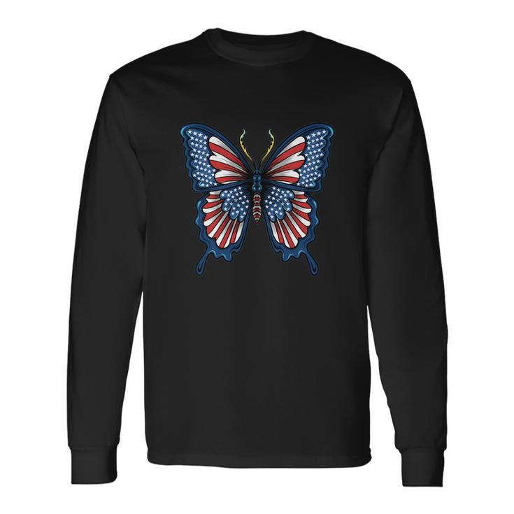 Butterfly American Flag Usa Long Sleeve T-Shirt