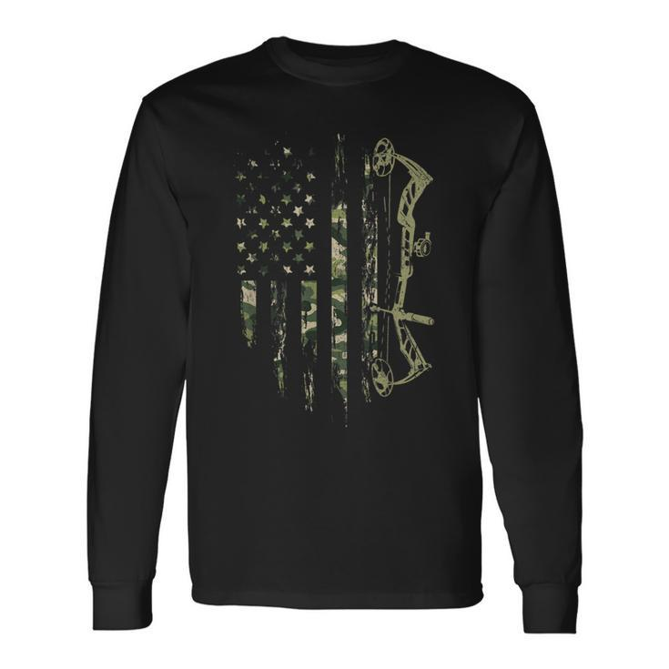 Camo American Flag Bowhunting Bow Archery Deer Hunting Men Women Long Sleeve T-Shirt T-shirt Graphic Print