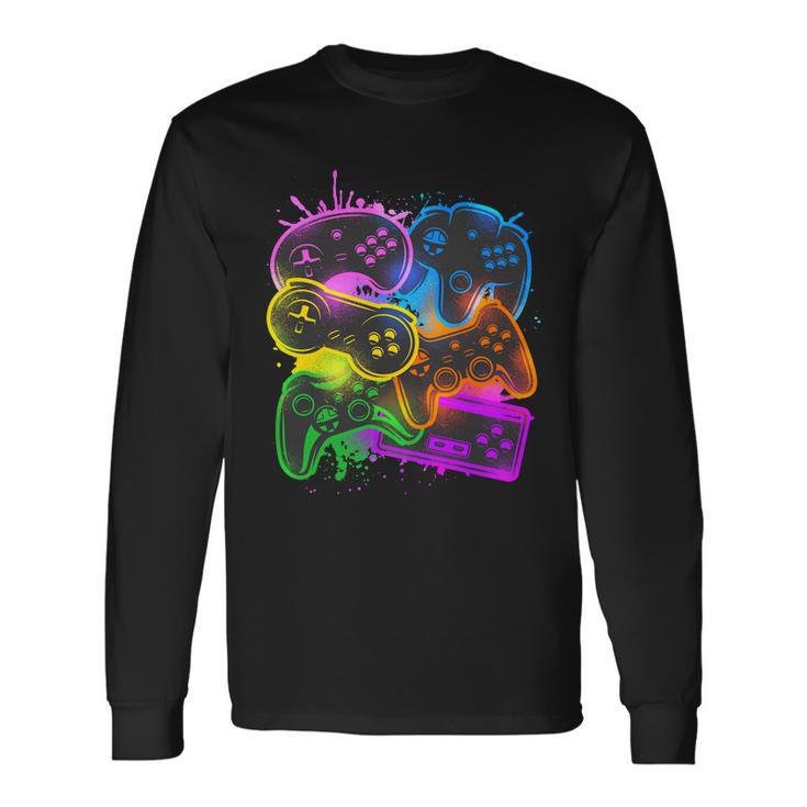 Cool Retro Neon Graffiti Video Game Controllers Long Sleeve T-Shirt