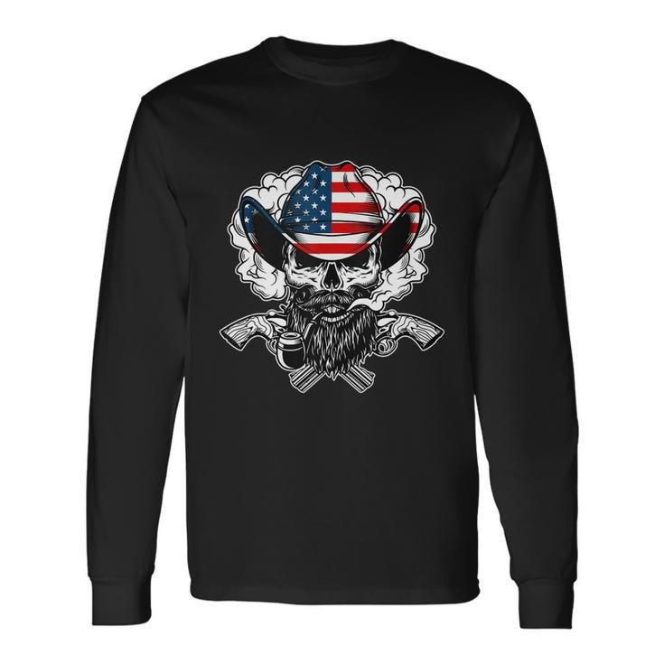 Cool Sugar Skull Cowboy Hat American Flag 4Th Of July Long Sleeve T-Shirt
