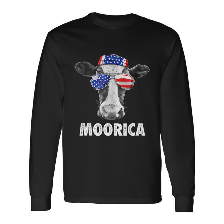 Cow 4Th Of July Moorica Merica Men American Flag Sunglasses Long Sleeve T-Shirt