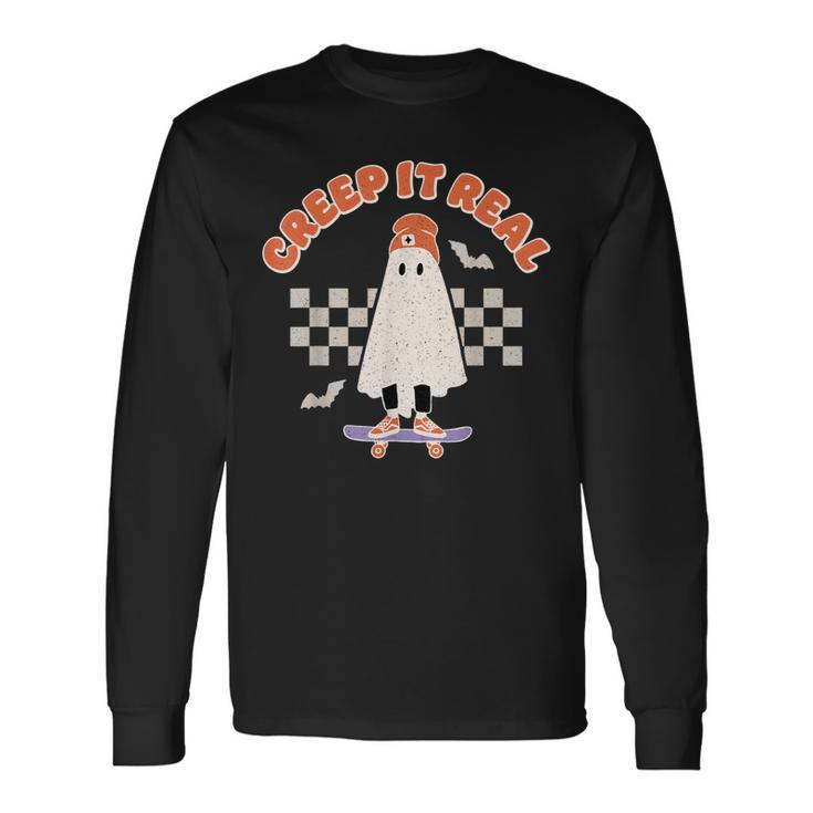 Creep It Real Ghost Skateboard Halloween Bat Checkered Sk8r Long Sleeve T-Shirt