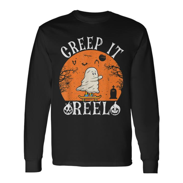 Creep It Real Ghost Men Skateboarding Halloween Fall Season Long Sleeve T-Shirt