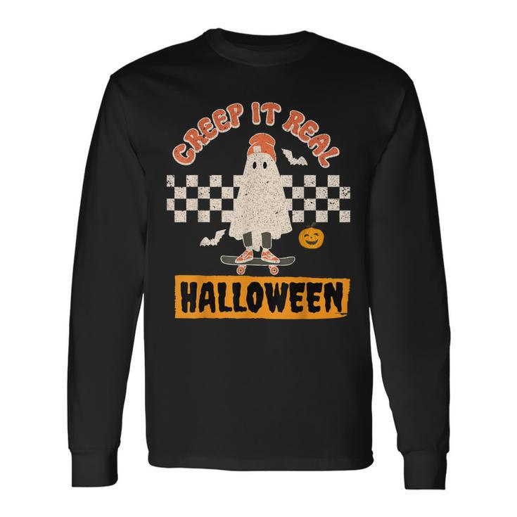 Creep It Real Retro Halloween Ghost Skateboarding Long Sleeve T-Shirt