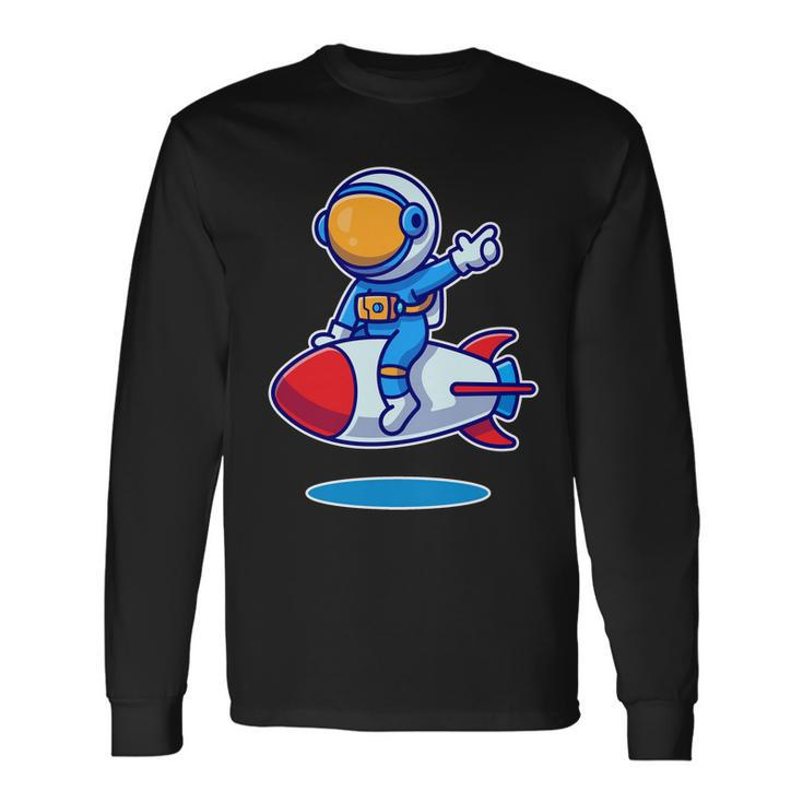 Cute Astronaut On Rocket Cartoon Long Sleeve T-Shirt