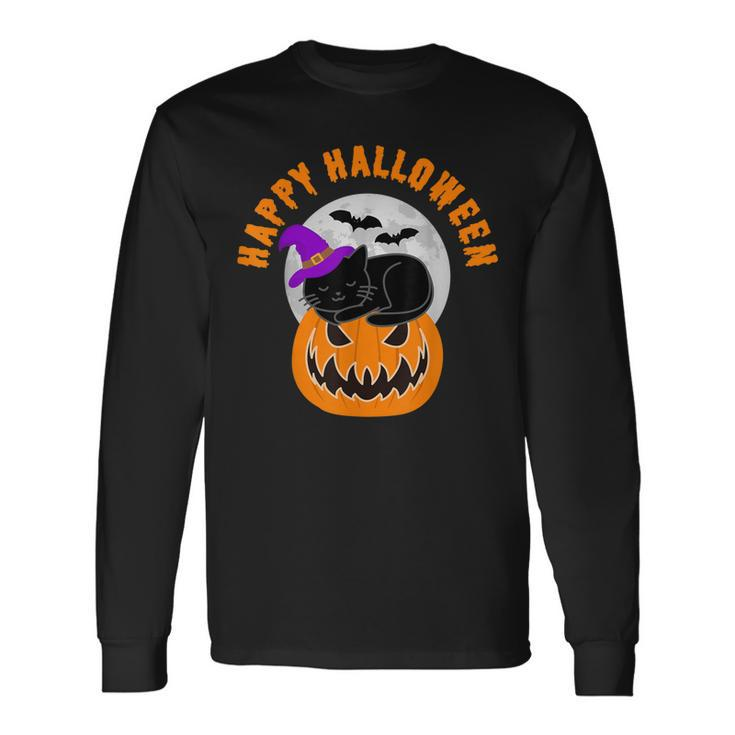 Cute Black Cat Witch Scary Pumpkin Happy Halloween Long Sleeve T-Shirt