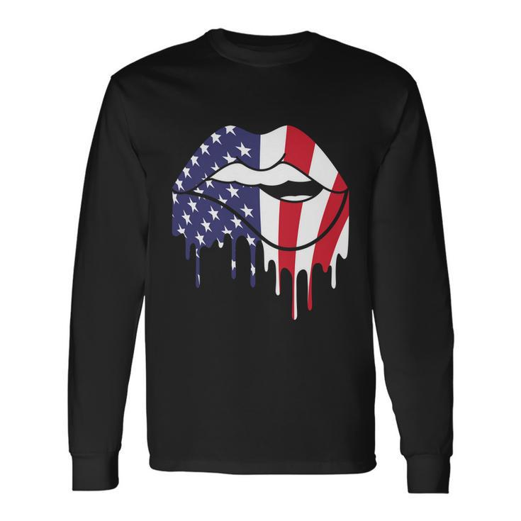 Cute Dripping Lips 4Th Of July Usa Flag Graphic Plus Size Long Sleeve T-Shirt