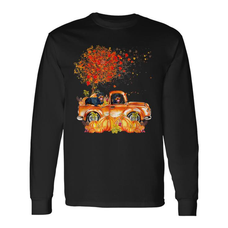 Cute Rottweiler Dog On Pumpkins Truck Autumn Leaf Fall Men Women Long Sleeve T-Shirt T-shirt Graphic Print