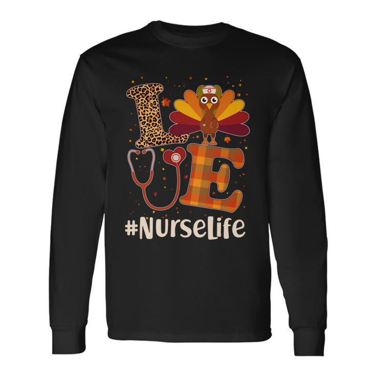 Cute Thanksgiving Nurselife Fall Patterns Nurse Turkey Tshirt Long Sleeve T-Shirt