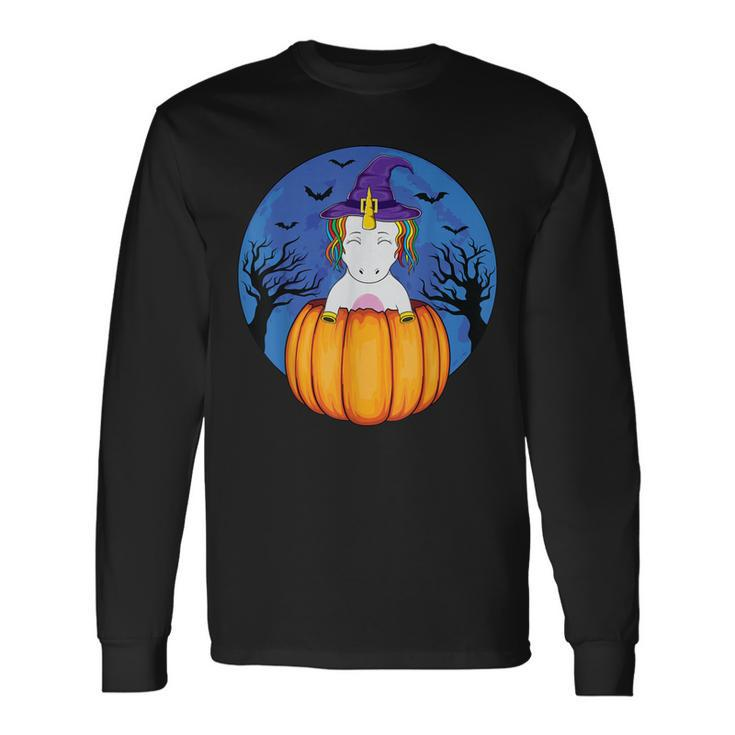 Cute Unicorn Wearing Witch Hat Halloween Pumpkin Girls Long Sleeve T-Shirt