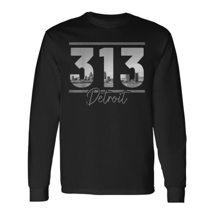 Detroit 313 Area Code Skyline Michigan Vintage Men Women Long Sleeve T-Shirt T-shirt Graphic Print