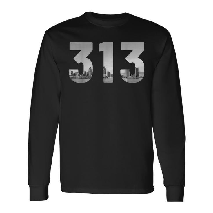 Detroit 313 Area Code Skyline Michigan Vintage V2 Men Women Long Sleeve T-Shirt T-shirt Graphic Print